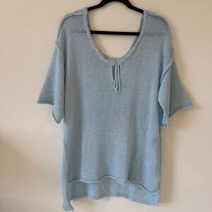 POL  Knit Tie-Neck Oversized Tunic Top Light Blue Size M